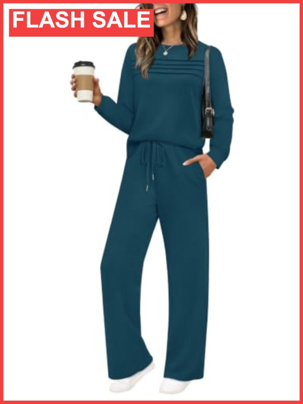 Wide Leg Sweatsuit Set Pleated Crewneck Top Pockets Lounge Travel